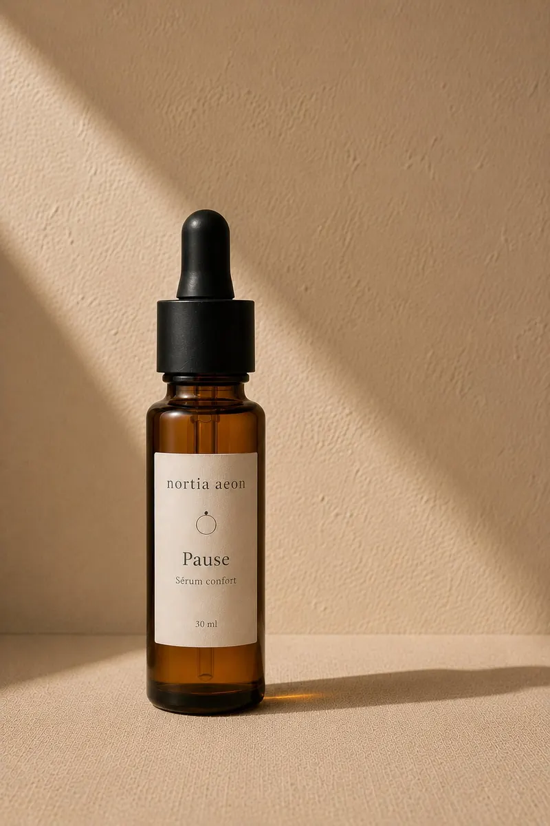 Pause, sérum confort Nortia Aeon, flacon en verre ambré à pipette compte-gouttes